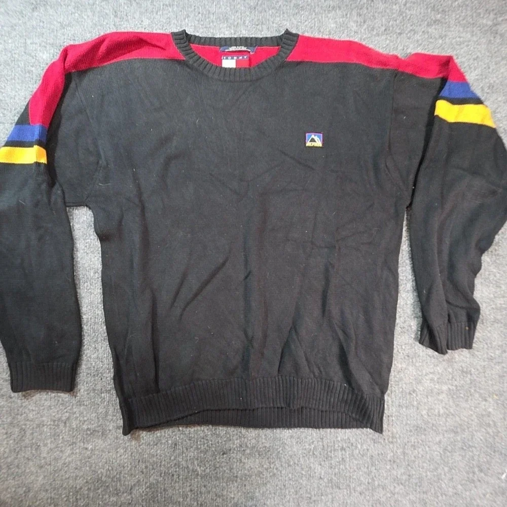 Tommy Hilfiger Sweater Mens Large Black Stripe Crewneck Knit Pullover Logo